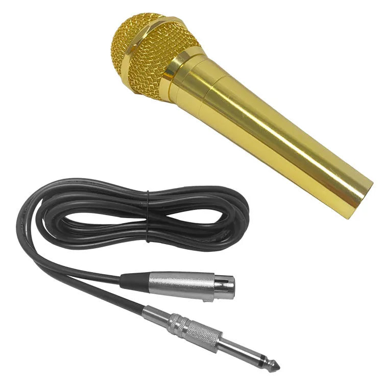 Professional gold finish handheld vocal microphone featuring durable metal construction, mesh grille, and includes XLR and 6.35mm audio cables for stage, KTV, and live performance