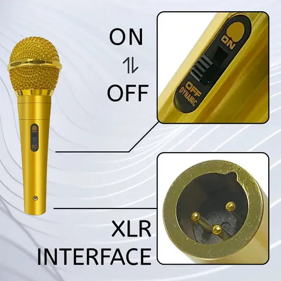 Gold handheld dynamic microphone featuring a side ON/OFF push switch and a professional XLR interface connector, ideal for stage and karaoke use.