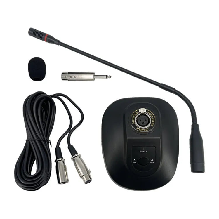 Product set for a desktop gooseneck microphone featuring the microphone with a red ring, a round base control unit with a volume knob, a detachable foam windscreen, an audio adapter, and connection cables.