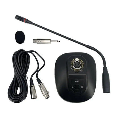 Product set for a desktop gooseneck microphone featuring the microphone with a red ring, a round base control unit with a volume knob, a detachable foam windscreen, an audio adapter, and connection cables.