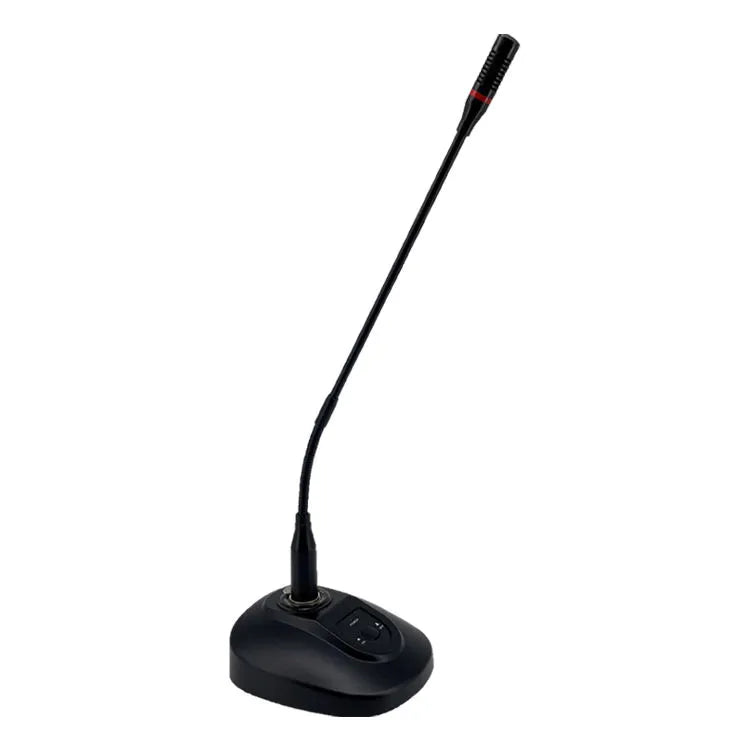 Full view of a black desktop gooseneck conference microphone with a flexible shaft, red accent rings on the head, and a control panel on the base.