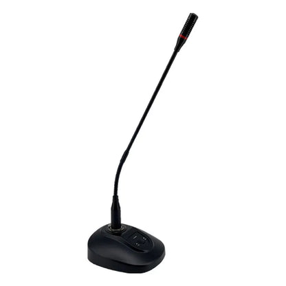Full view of a black desktop gooseneck conference microphone with a flexible shaft, red accent rings on the head, and a control panel on the base.