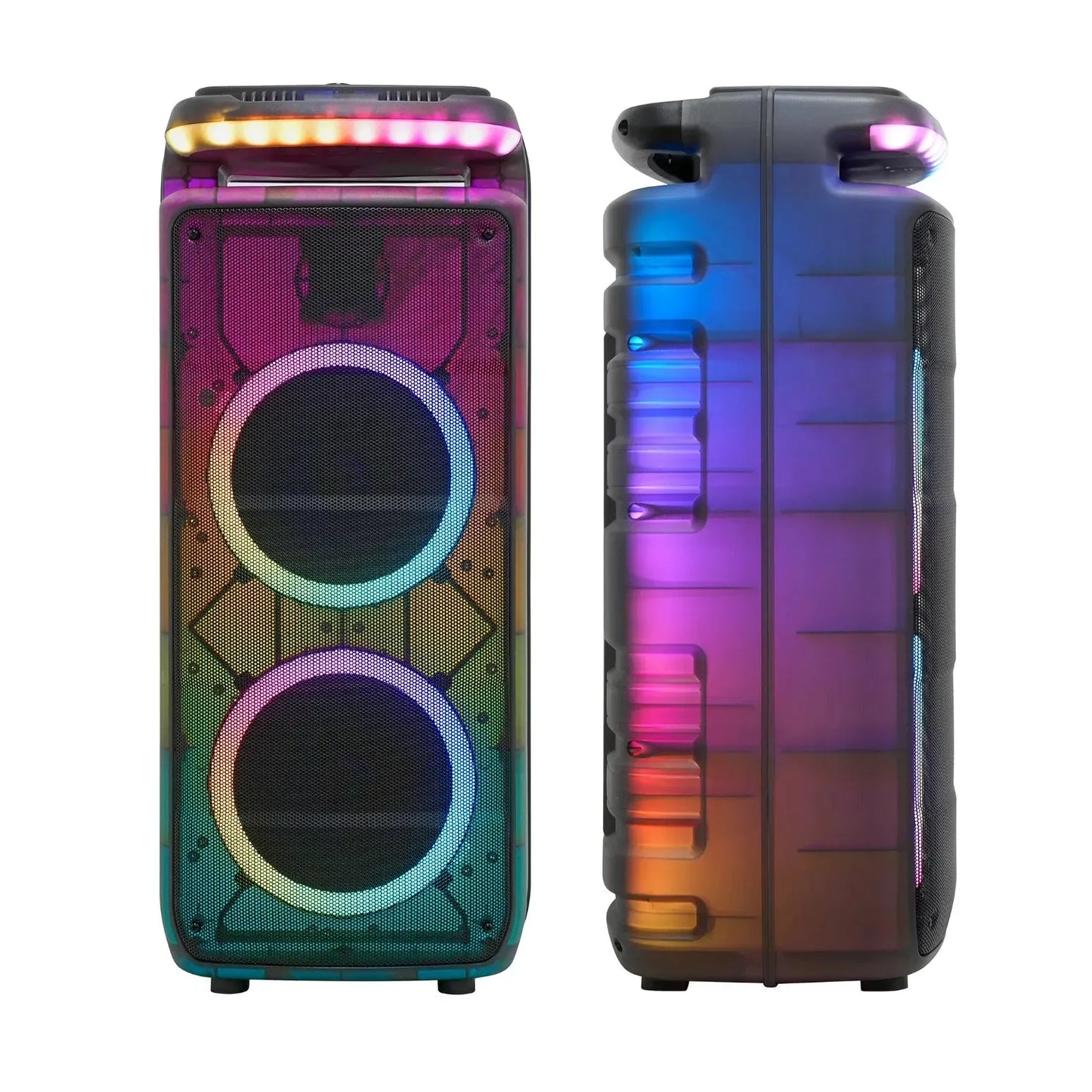 A portable speaker system displayed from two angles: the front view showcases two large circular drivers surrounded by vibrant, multi-colored RGB light rings, while the side view reveals a transparent outer shell with dynamic, glowing LED lights inside, topped with a sturdy handle for easy carrying.