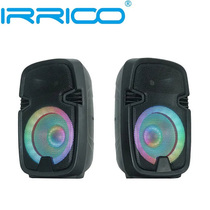 Two identical black rectangular portable speakers positioned side-by-side, each featuring a colorful RGB light ring around the central driver that emits a rainbow gradient glow, with a small triangular passive radiator at the bottom, set against a plain white background.