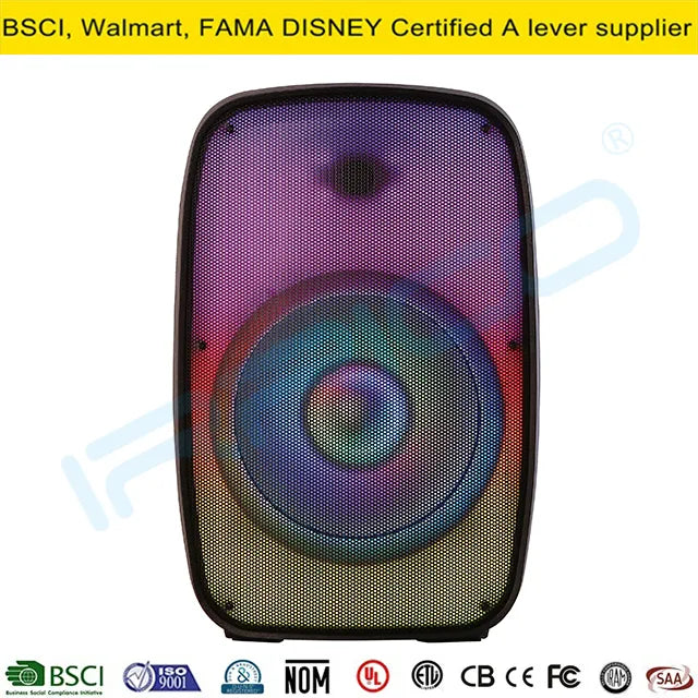 Close-up front view of a compact portable speaker featuring a prominent circular speaker grille illuminated with vibrant, swirling rainbow RGB lighting effects against a dark mesh background.