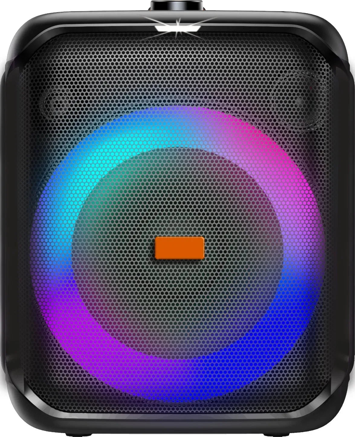 Front view of a black portable speaker with a honeycomb mesh grille, showcasing a large circular woofer surrounded by vibrant, swirling blue and magenta RGB light rings, with a small orange rectangular logo or button centered on the speaker cone.