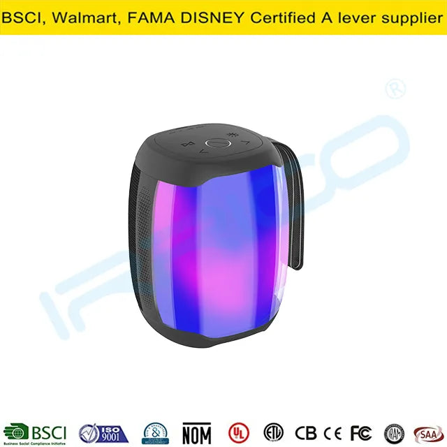 A compact portable speaker with a black body and a translucent side panel displaying vibrant pink and blue vertical light effects, featuring a top control panel and a detachable hanging strap.