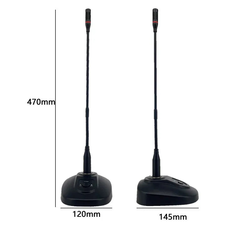 Dimension drawing of a black desktop gooseneck conference microphone, showing a total height of 470mm and base widths of 120mm and 145mm.