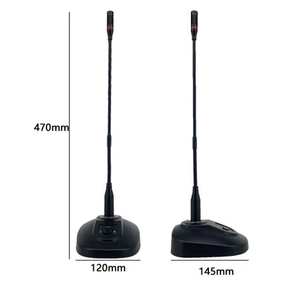 Dimension drawing of a black desktop gooseneck conference microphone, showing a total height of 470mm and base widths of 120mm and 145mm.