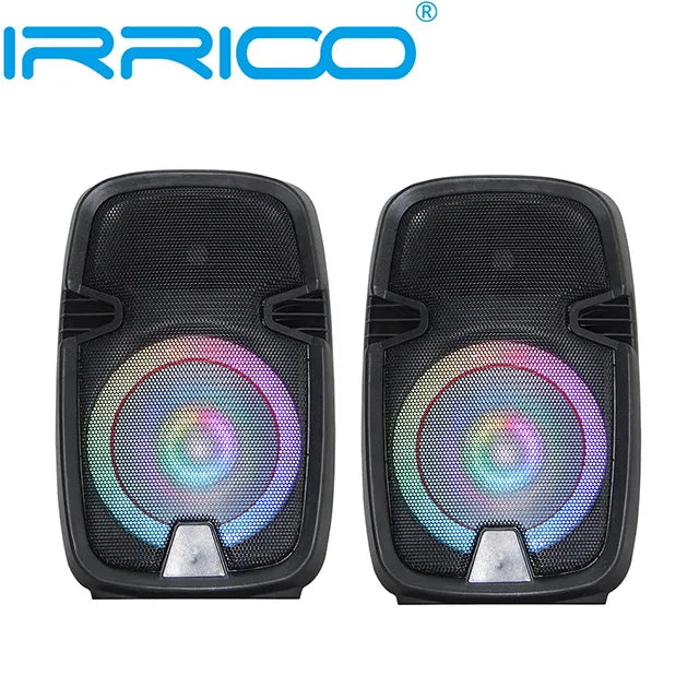 Two identical black rectangular portable speakers positioned side-by-side, each featuring a colorful RGB light ring around the central driver that emits a rainbow gradient glow, with a small triangular passive radiator at the bottom, set against a plain white background.