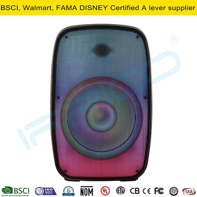 Front view of a portable speaker with a rounded rectangular shape, featuring a large circular speaker grille illuminated with vibrant blue and purple RGB lighting effects, with a smaller tweeter positioned above the main driver