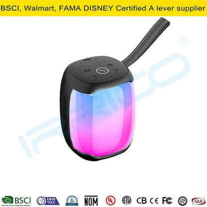 A black portable Bluetooth speaker with a pink and purple glowing light effect in its translucent base, featuring a top control panel with buttons and a detachable carrying strap.