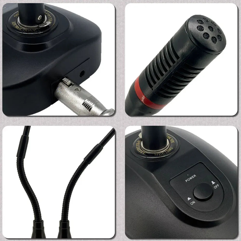 Four-panel detailed view of a black desktop conference gooseneck microphone. Features include the XLR connection port and distance adjustment ring on the base, a close-up of the grille with a red accent ring, flexible dual cables, and a power on/off switch.