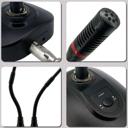 Four-panel detailed view of a black desktop conference gooseneck microphone. Features include the XLR connection port and distance adjustment ring on the base, a close-up of the grille with a red accent ring, flexible dual cables, and a power on/off switch.