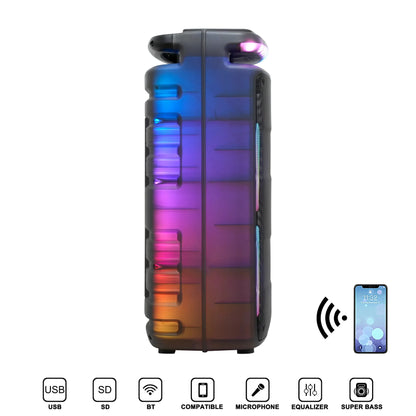 Side view of a tall, portable wireless speaker with a transparent, gradient-colored shell glowing with vibrant vertical RGB light streaks, featuring a sturdy integrated handle at the top and textured side grips for easy carrying.