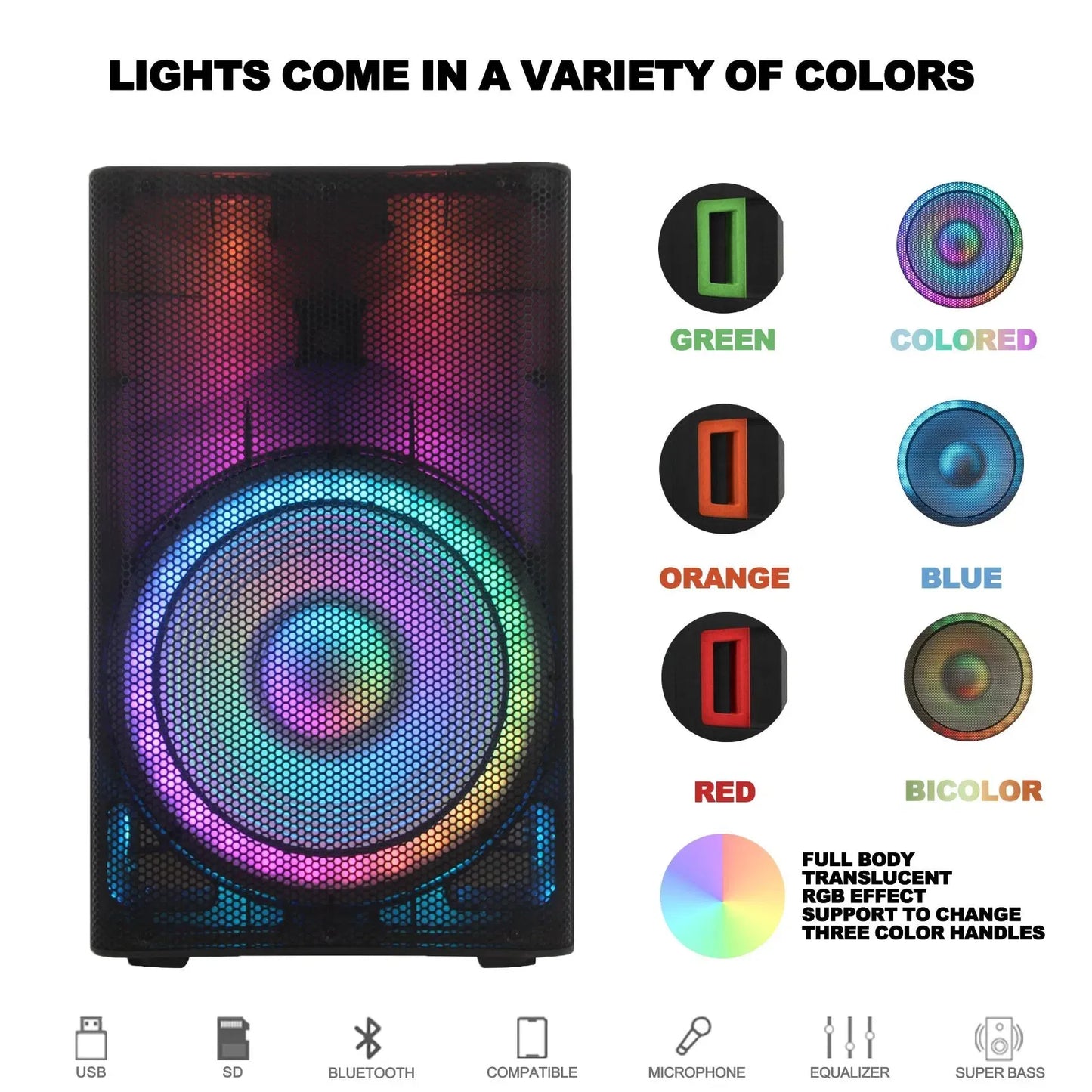 Front view of a large speaker with a vibrant, swirling rainbow RGB light effect on the grille, alongside a menu illustrating different color options including green, colored, orange, blue, red, and bicolor, with text indicating it supports changing three-color handles.