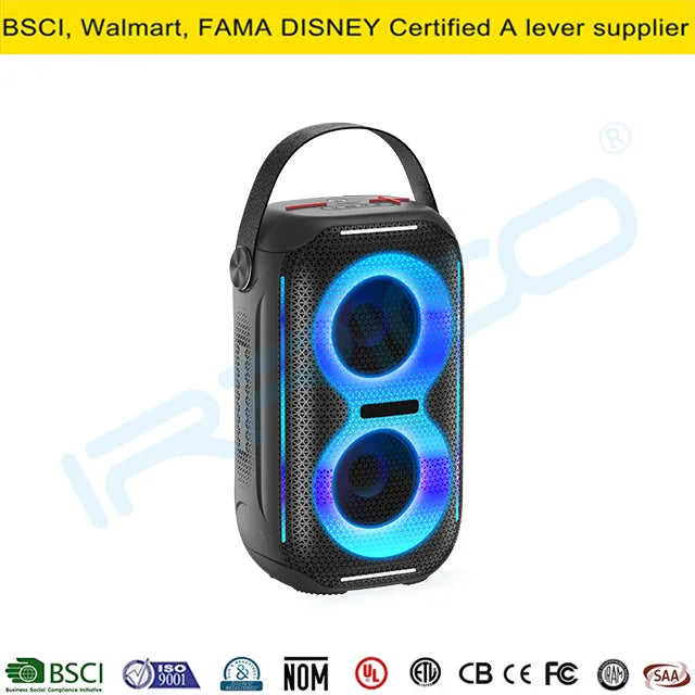 A black portable cylindrical speaker with a transparent mesh body showcasing internal glowing blue dual circular light rings, featuring a top handle, RGB light strip accents, and visible speaker drivers.
