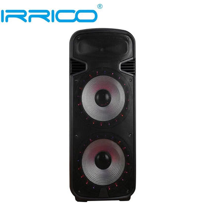 Front view of a tall, black portable speaker featuring two large circular woofers with red LED light accents around them, designed for powerful audio output with a sleek, modern build.