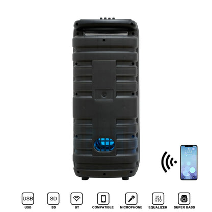 Side view of a tall, portable wireless speaker with a transparent, gradient-colored shell glowing with vibrant vertical RGB light streaks, featuring a sturdy integrated handle at the top and textured side grips for easy carrying.