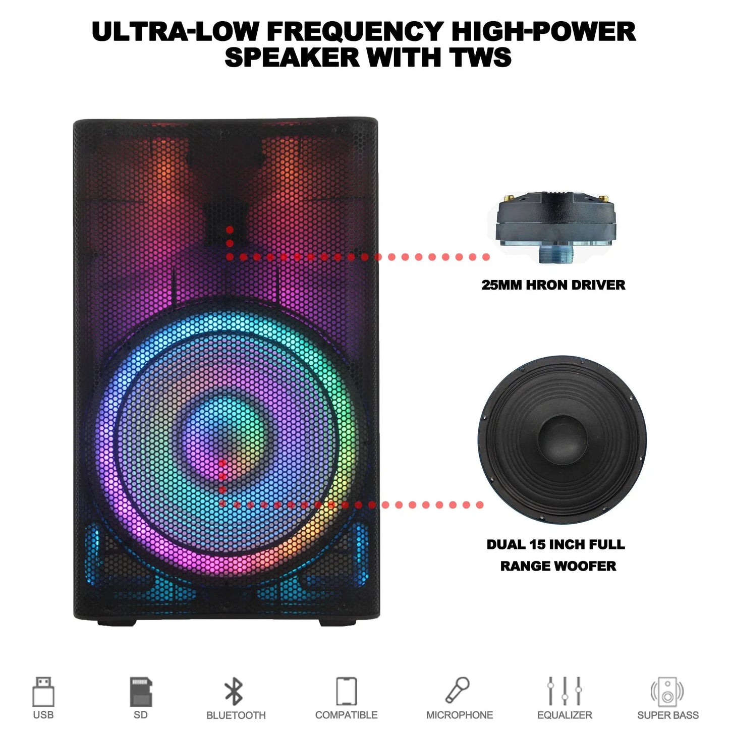 Product diagram showcasing a large speaker with vibrant rainbow RGB lighting effects on the front grille, highlighting its internal components including a 25mm HRON driver and dual 15 inch full range woofers.