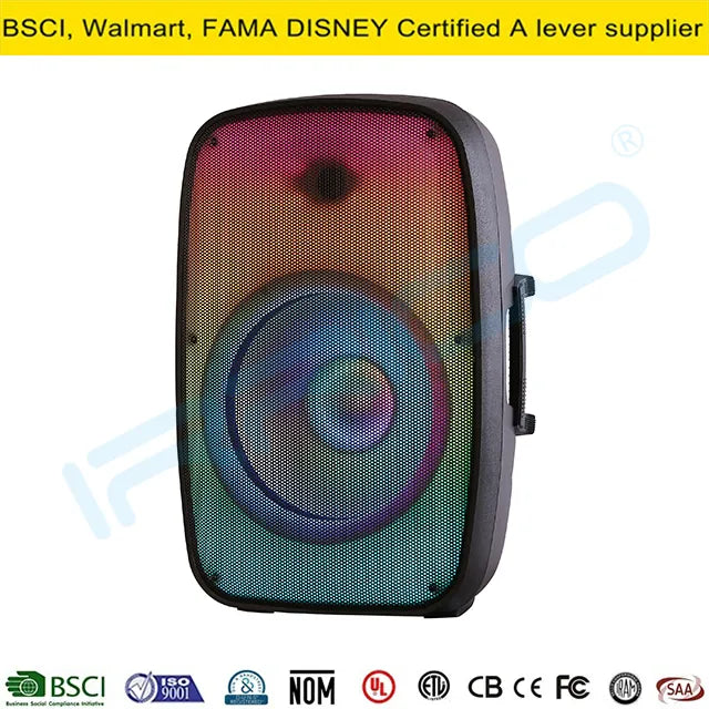 Front view of a compact portable speaker with a rounded rectangular design, featuring a concentric circular speaker grille illuminated by dynamic rainbow RGB lighting that transitions from red and pink at the top to blue and green at the bottom.