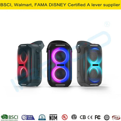 Three views of a rugged portable speaker with a transparent industrial design, showcasing glowing dual circular light rings in red, pink/purple, and blue, with visible internal components and a sturdy build