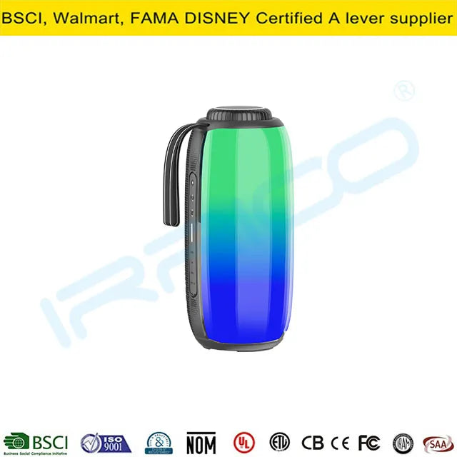 A portable cylindrical speaker with a translucent casing featuring a vibrant green-to-blue gradient light effect, equipped with a top screw-cap lid and a side-mounted black handle.