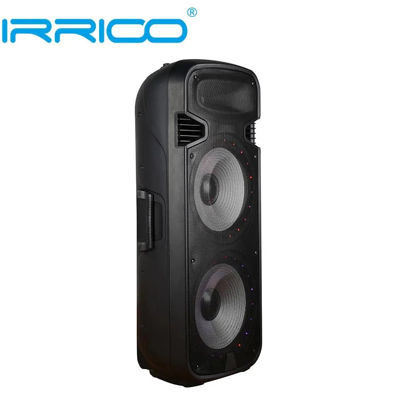 Side view of a tall, black portable speaker featuring two large circular woofers with a subtle red LED glow, a solid side panel with a built-in handle, and visible control knobs at the top rear edge