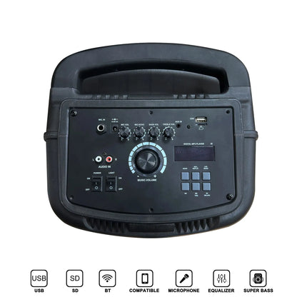 A portable speaker system displayed from two angles: the front view showcases two large circular drivers surrounded by vibrant, multi-colored RGB light rings, while the side view reveals a transparent outer shell with dynamic, glowing LED lights inside, topped with a sturdy handle for easy carrying.