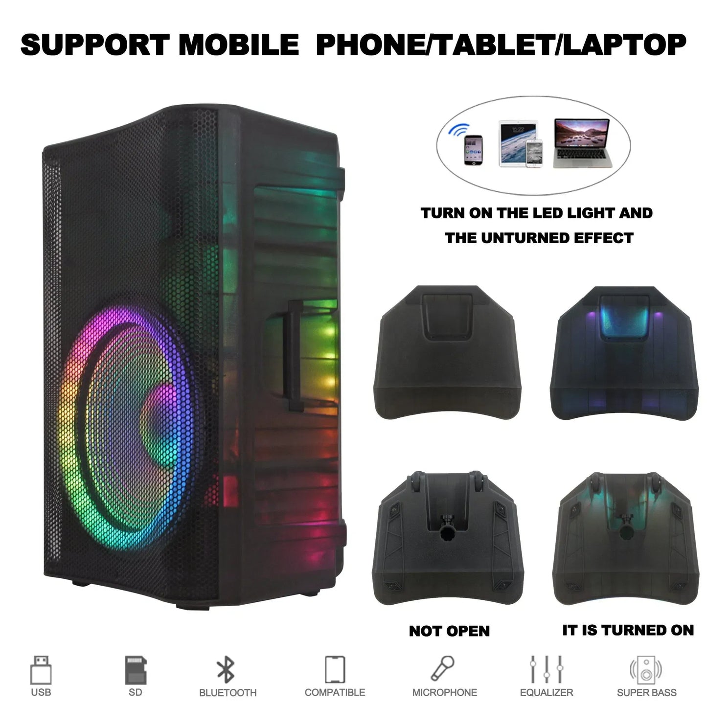 Left side view of a black portable speaker with vibrant RGB light effects on the speaker grille and side panels, accompanied by diagrams showing the LED lighting turned on and off, and icons indicating multi-device connectivity via Bluetooth.