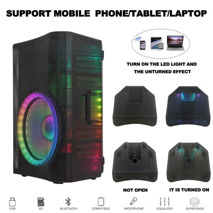 Left side view of a black portable speaker with vibrant RGB light effects on the speaker grille and side panels, accompanied by diagrams showing the LED lighting turned on and off, and icons indicating multi-device connectivity via Bluetooth.