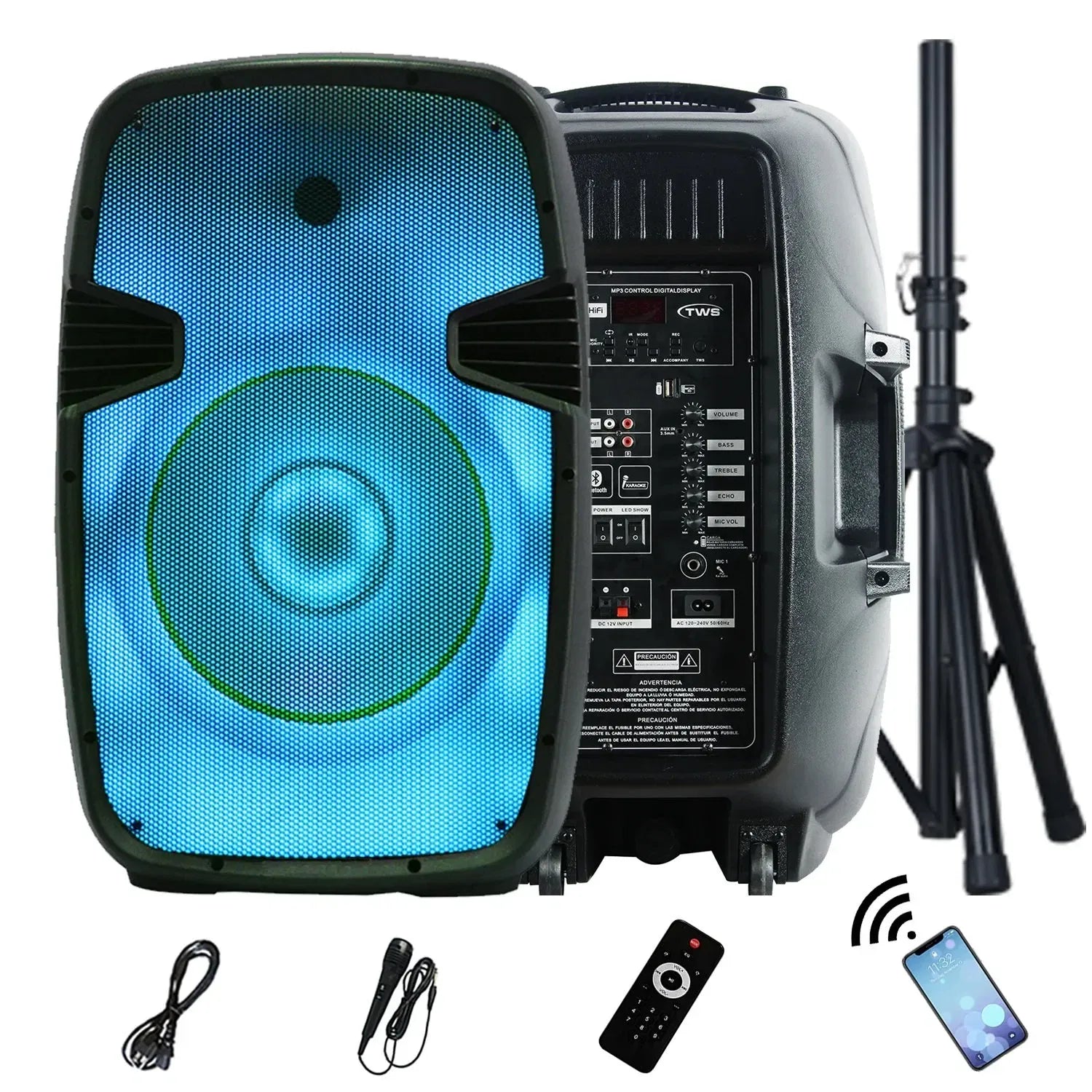 A portable PA speaker system with a large circular blue-lit driver on the front panel, showcasing a comprehensive control interface on the side with various input/output ports, knobs, and a digital display. The setup includes a remote control, a wired microphone, an audio cable, a smartphone indicating Bluetooth connectivity, and a telescopic tripod stand
