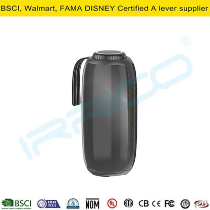 A large black portable cylindrical speaker with a vertical transparent accent strip, a sturdy top handle, and a ribbed screw-top lid design.