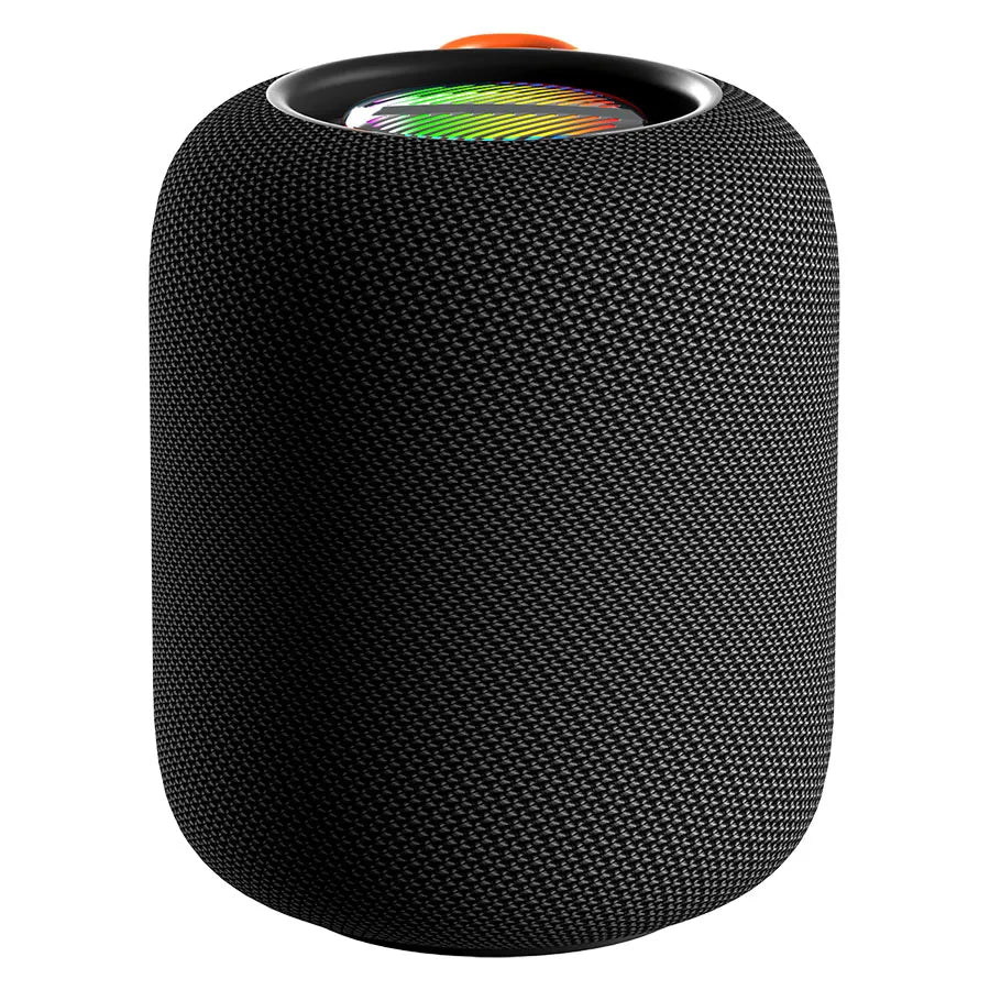 A black cylindrical portable speaker with a textured, woven fabric exterior and a visible colorful RGB light ring at the top, partially obscured by a bright orange fabric loop handle.