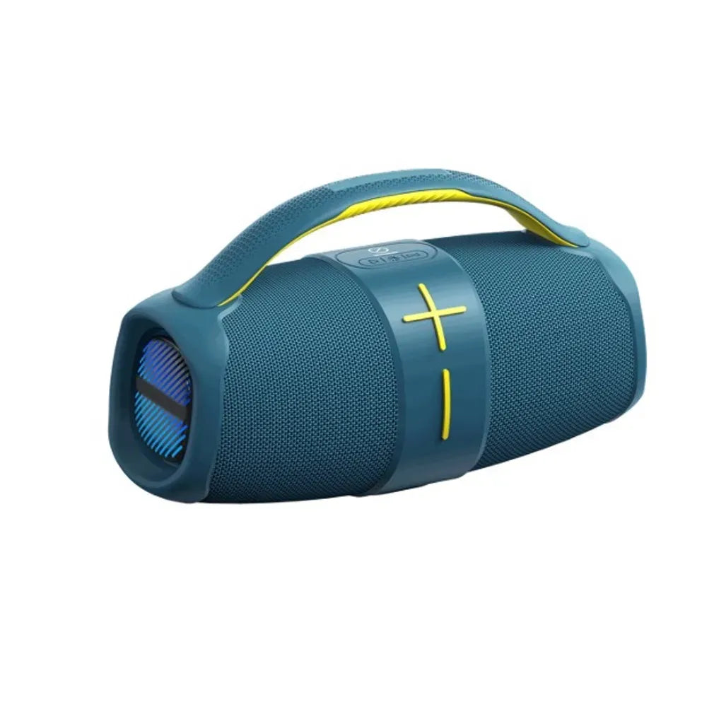 A portable cylindrical Bluetooth speaker in blue with a yellow carrying handle, featuring a textured fabric exterior, a central control band with plus and minus symbols, and a visible front speaker grill.