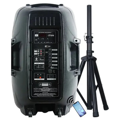 Rear view of a portable PA speaker system showcasing a detailed control panel with various input/output ports, adjustment knobs, and a digital display, equipped with wheels and a handle for mobility, alongside a telescopic tripod stand and a smartphone indicating Bluetooth connectivity