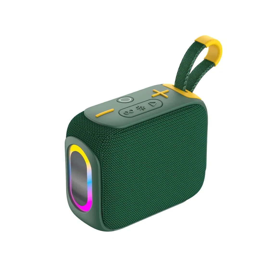 A compact dark green fabric-covered Bluetooth speaker with yellow accents, featuring a colorful RGB light ring on the front, control buttons on top, and a sturdy yellow-interfaced carrying strap.
