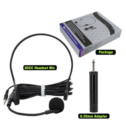 A complete headset microphone package displayed on a white background, including the headset with a flexible boom mic, a retail product box labeled 'Package,' and a separate 6.35mm adapter jack.