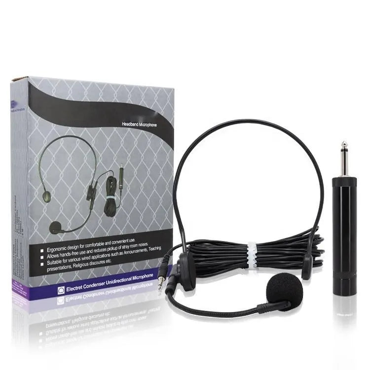 Vocal condenser headset microphone set displayed with its retail packaging, featuring an over-the-head dual-ear band, a flexible gooseneck boom mic with a foam windscreen, and an inline cylindrical amplifier/battery box with a 3.5mm jack plug.