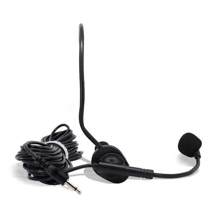 Black headset microphone with an attached gooseneck boom arm, a foam windscreen, and a long coiled cable ending in a 3.5mm jack plug.