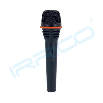 Professional IRRICO handheld vocal microphone featuring a durable metal grille, orange accent ring, and convenient side switch for KTV, stage, and PA systems