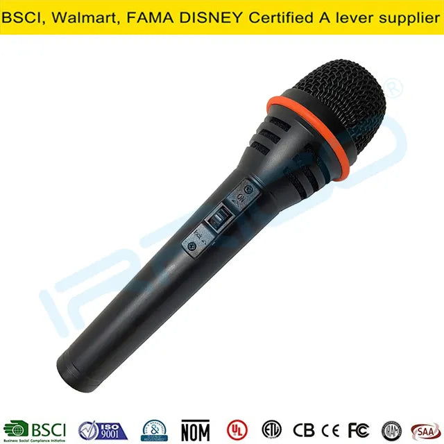 Professional IRRICO vocal microphone with orange accent ring, backed by BSCI, Walmart and Disney FAMA certifications, compliant with ISO 9001, UL, CE, FCC, CB, NOM, and SAA safety standards