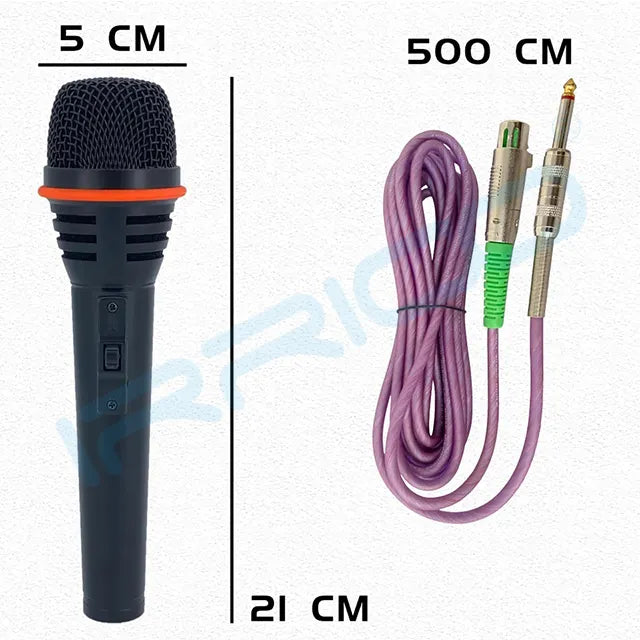 Detailed size chart of IRRICO wired microphone showing 21cm total length, 5cm head diameter, and 5 meter (500cm) cable with XLR and 6.35mm jack connectors