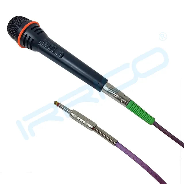 Professional IRRICO vocal microphone featuring an on-off switch, XLR connector with green ring, and a 6.35mm audio jack for KTV, stage performance, and PA systems