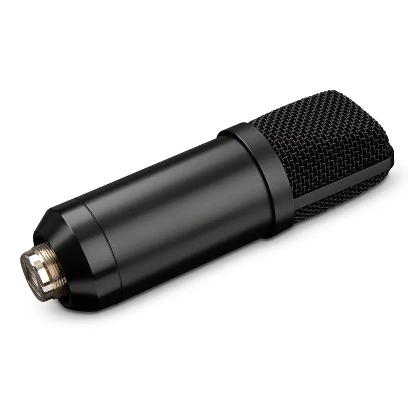 A close-up view of a sleek black cylindrical condenser microphone with a detailed mesh grille and visible threading at the base for mounting.