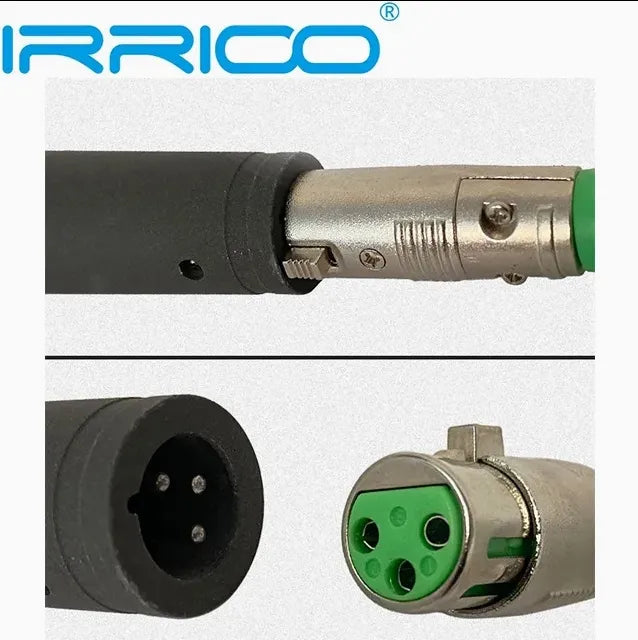 High quality IRRICO XLR connector with green insulator, featuring 3-pin male and female plugs for professional audio equipment, microphones, and stage sound systems