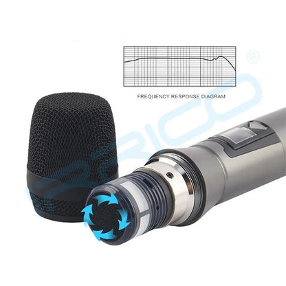 A close-up view of a handheld wireless microphone showing its disassembled head with a mesh grille next to it, featuring a blue arrow graphic indicating the attachment mechanism, along with a frequency response diagram in the background.