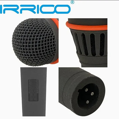Close-up view of IRRICO professional microphone featuring metal grille, durable plastic body, orange accent ring, and standard XLR connector for live sound and recording