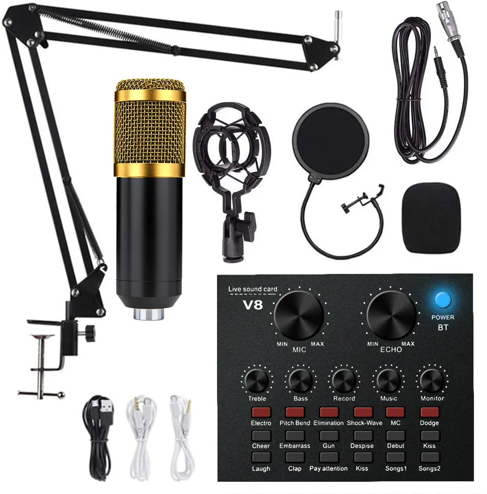 A comprehensive streaming and recording setup featuring a gold-and-black condenser microphone with a scissor arm stand and shock mount, accompanied by a pop filter, an external V8 live sound card with various sound effect buttons, and several connection cables.