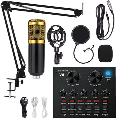 A comprehensive streaming and recording setup featuring a gold-and-black condenser microphone with a scissor arm stand and shock mount, accompanied by a pop filter, an external V8 live sound card with various sound effect buttons, and several connection cables.